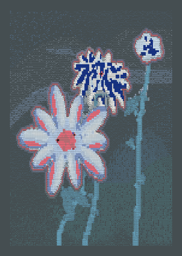 Pale blue and cobalt mixed flower forms with coral accents and cyan stems against graphite grey.