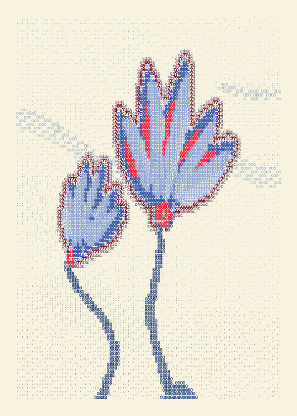 Two pale blue cyclamen with swept upright petals, coral accents and slender cobalt stems, set against blue typographic clouds on ivory.