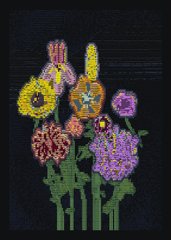 A varied bouquet of yellow, orange, pink and violet flowers above green foliage on black.